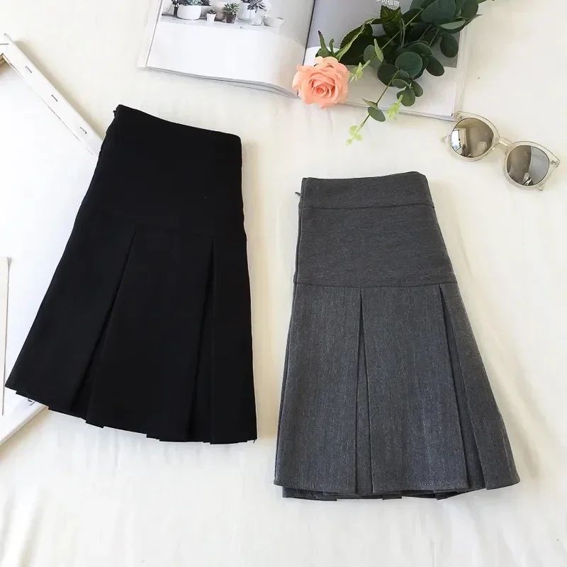 Fashion A Line Women Pleated Skirt High Waist Zipper Grey Student Mini Skirt JK Summer New Black Ladies Suit