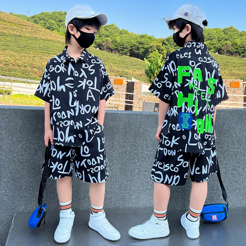 

Teenage Boys Summer Suit Thin Short-sleeved Shirt Shorts Suit Handsome Children's Casual Sports Suit Boys Clothes Set 5-14 Years