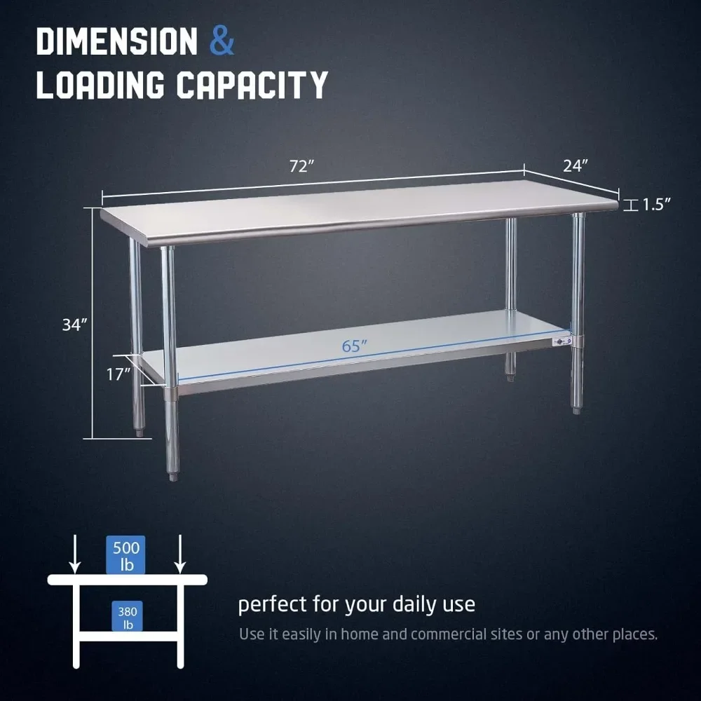 NEW-Stainless Steel Prep Table 72x24 Inch NSF Commercial Work Table with Undershelf Heavy Duty Table for Kitchen Restaurant Home
