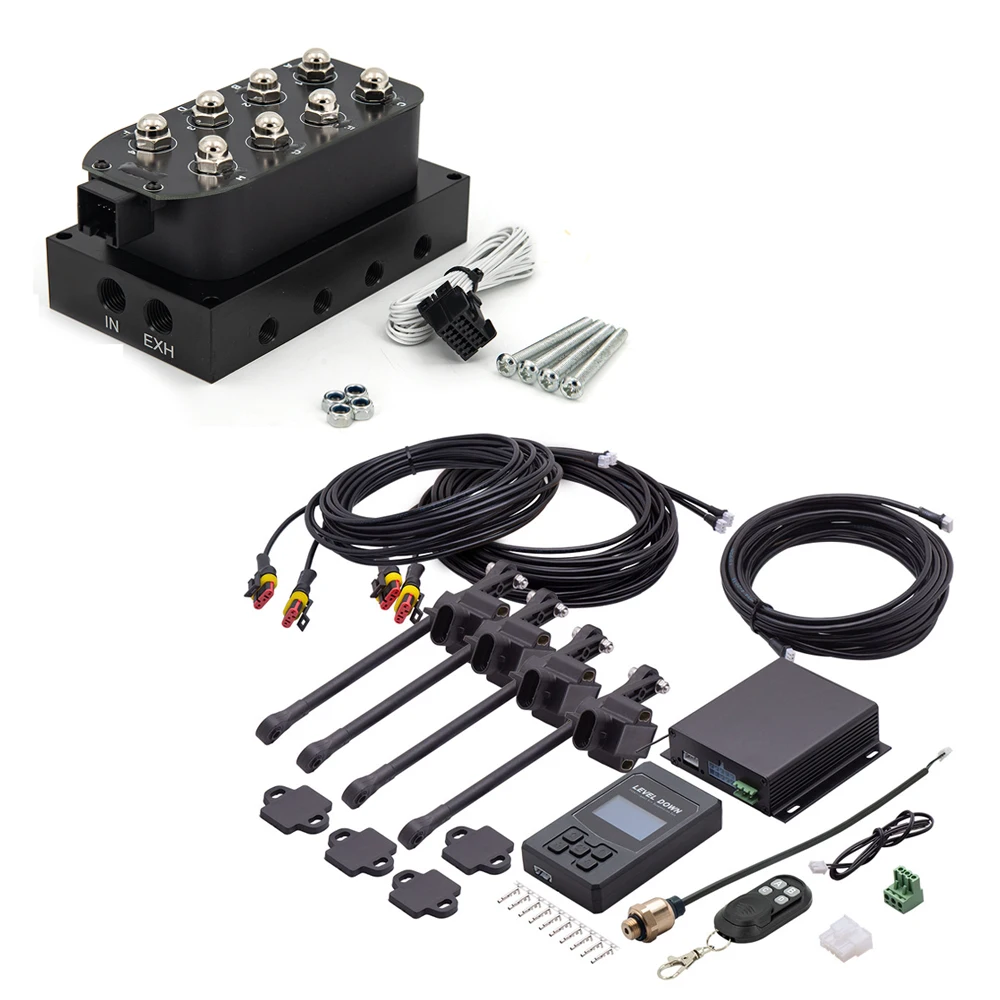 12V Universal Car Air Suspension Control System & UV4 Solenoid Vavle Kit Height Sensor Support Bluetooth/Remote/Wire/App Control