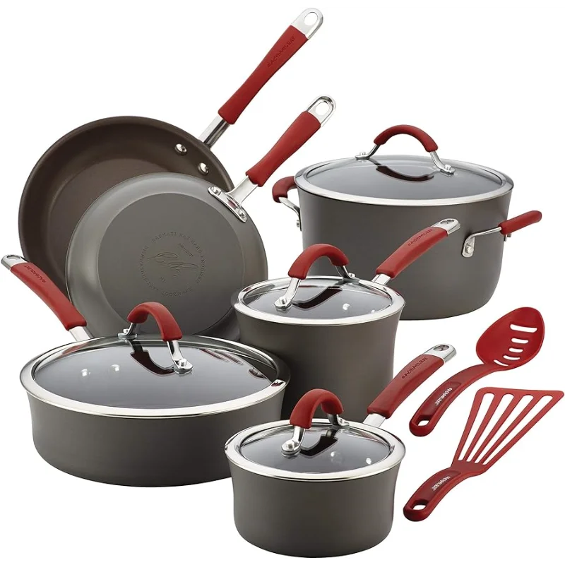 

Rachael Ray - 87630 Rachael Ray Cucina Hard Anodized Nonstick Cookware Pots and Pans Set, 12 Piece, Gray with Red Handles