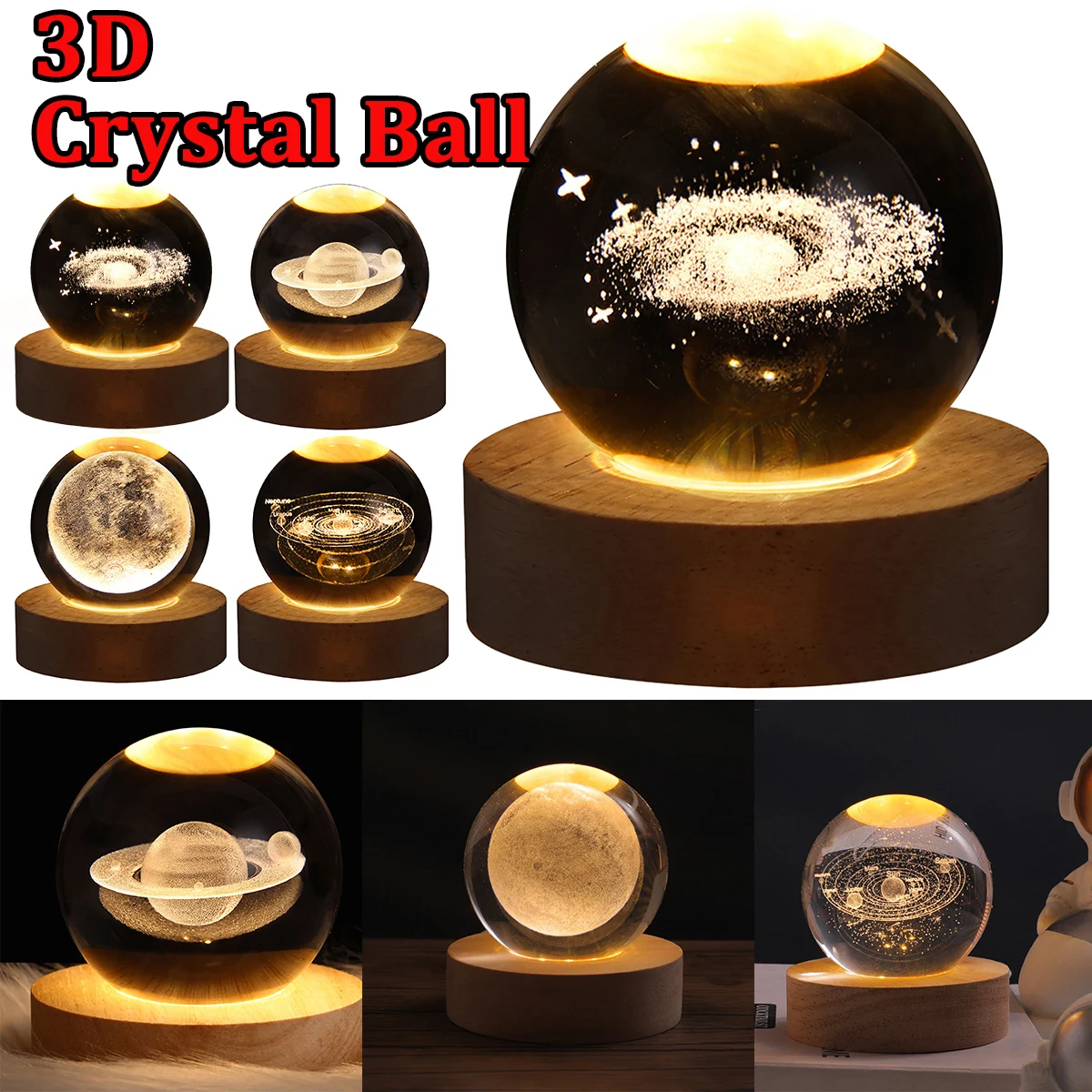 Lapada Saturno 3D sfera di cristallo grande, con base e luce a led USB