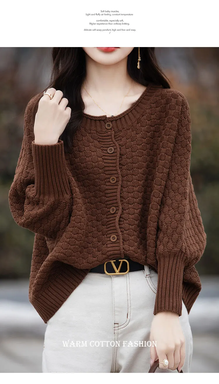 Women's 100% Cotton Sweater Round Collar Bat Sleeve Cardigan Autumn Winter Checkerboard Grid Warm Jacket Casual Knit Basic Tops