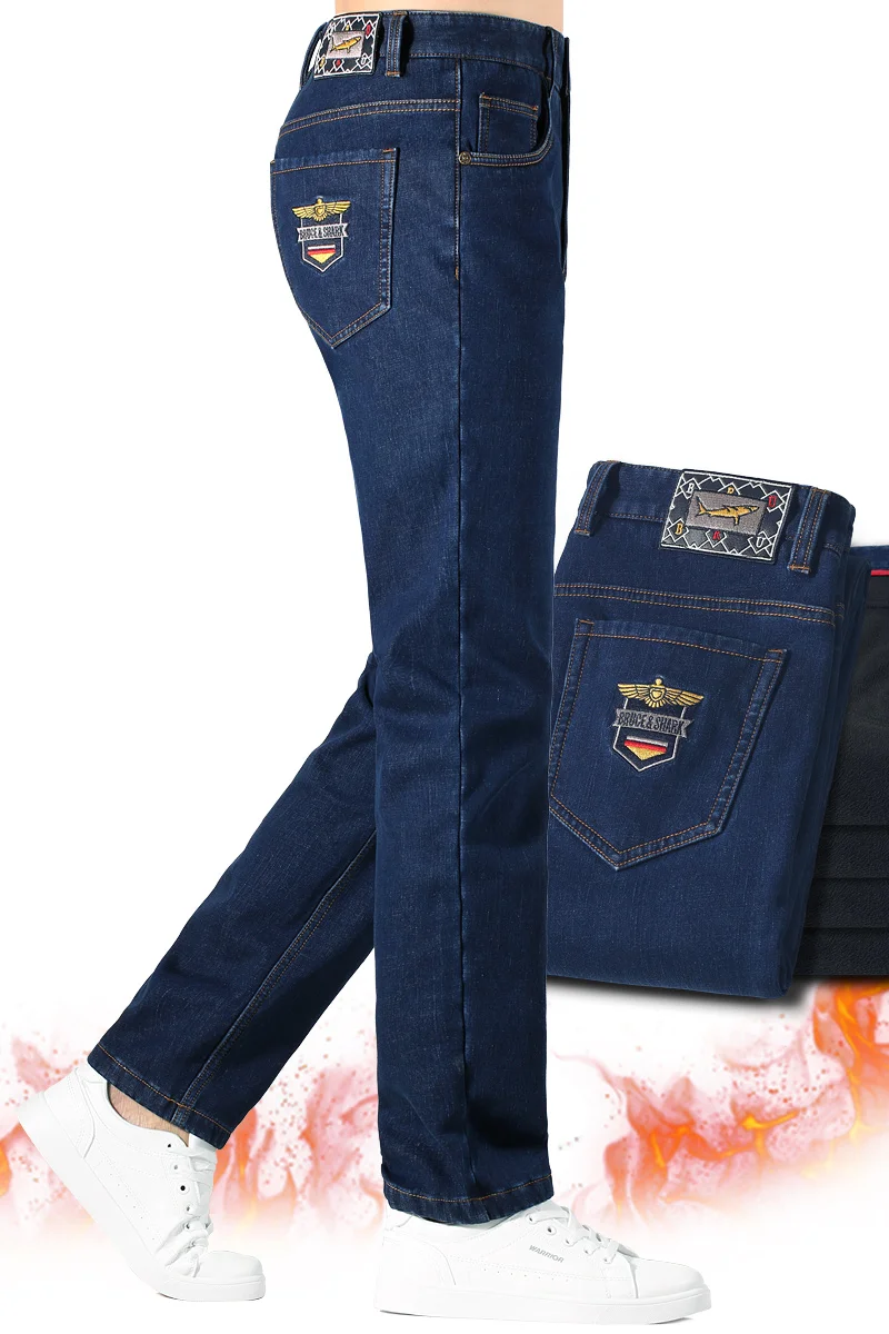 2024 Winter New Straight Leg Black Fleece Lining Jeans for Men Bruce&Shark Stretch Mid-Waist Velvet Denim Casual Mens Jeans 6