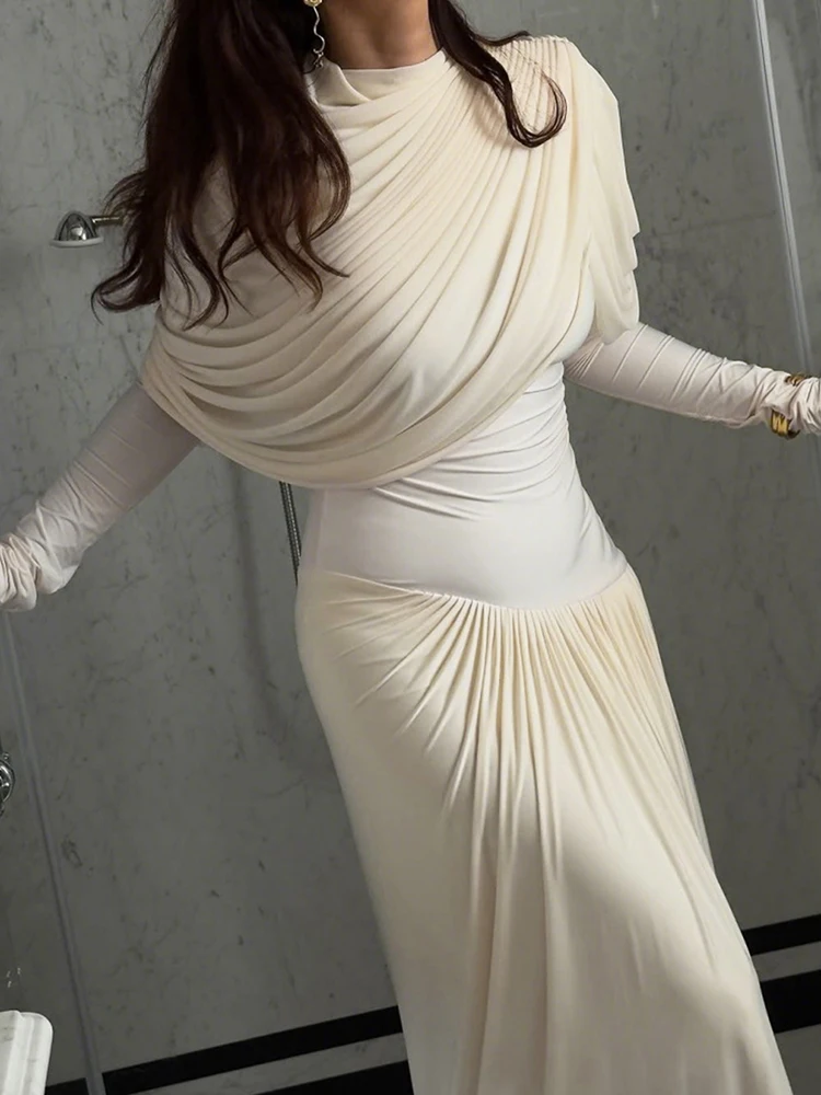 Nibber Folds Autumn Trend Maxi Dress Women o-Neck Full Sleeve Solid Skinny Elegant Prom Party Vacation Greek Style Vestidos