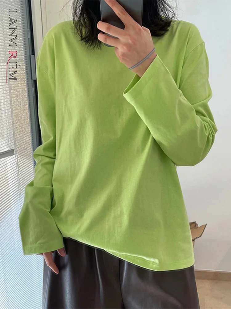 

[LANMREM] Korean Style Casual Loose T-shirt For Women Solid Round Neck Long Sleeve Tops Fashion Tops 2024 Summer New 26D8975