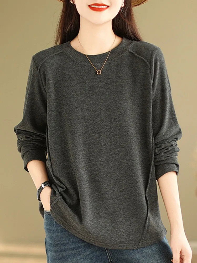 

Женские повседневные футболки с длинным рукавом, Новое поступление 2023, Осенние однотонные свободные женские топы в простом стиле с круглым вырезом, футболки B3112