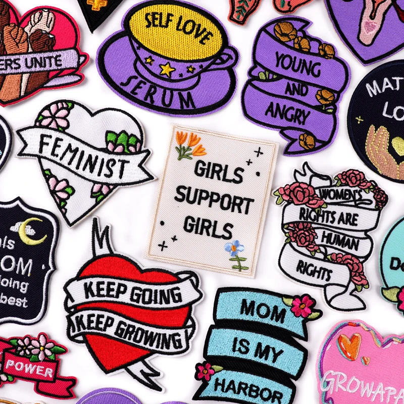 Feminist iron-on patches with girl power, women's rights, and empowerment embroidery designs for clothing and jackets