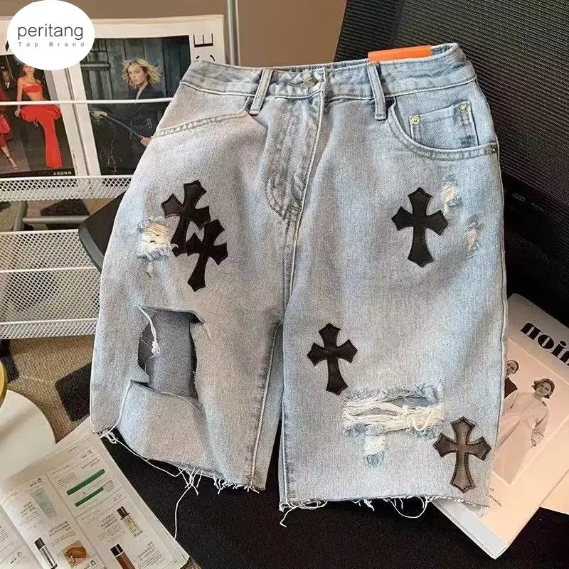 

Y2K Ripped Denim Shorts European and American High Street Cross Jeans Hip-hop Boyfriend Straight Loose Wide-leg Pants Ins Hot