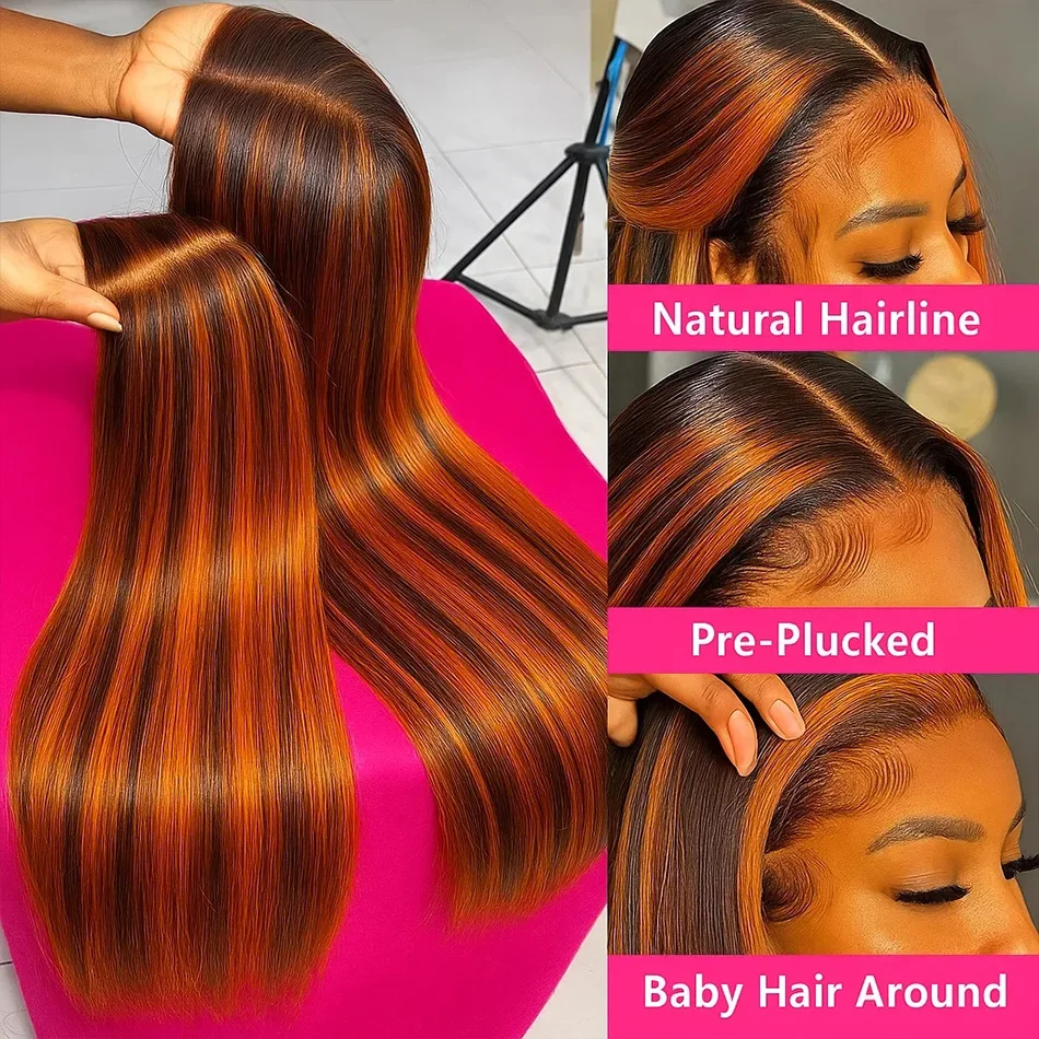 Parrucche Frontali in Pizzo 13x6 e 13x4 con Capelli Umani al 100%, Liscio Naturale, Colore Ombre 4/350 con Riflessi Arancioni e Marroni, Colore Zenzero - immagine 3