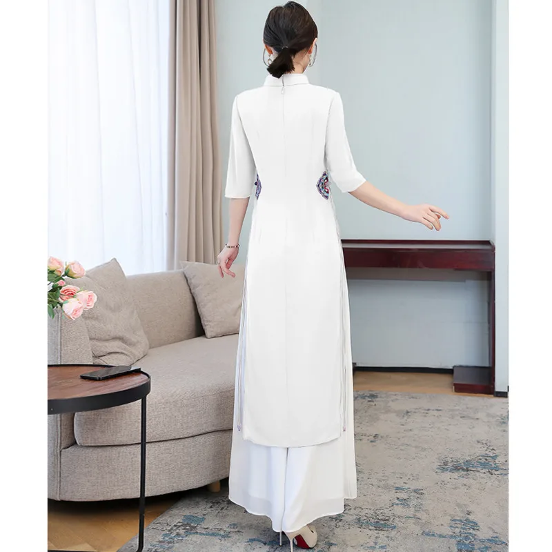 Vintage Harajuku Purple Ao Dai Vietnam Solid Pants Two Piece Set Embroidery Chinese Style Women Slim Casual White Long Top Suits