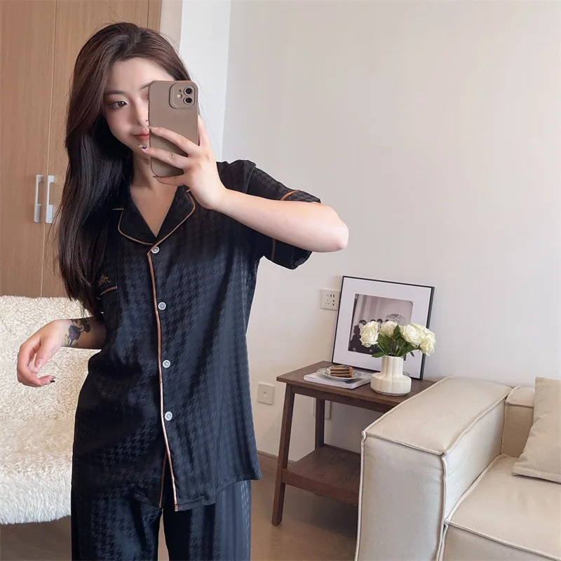 Women Pajamas Sets Pocket Solid Pijama Faux Silk Satin Lapel Pyjama Female Sleepwear Long Sleeve Shirt Pants Suits Homewear