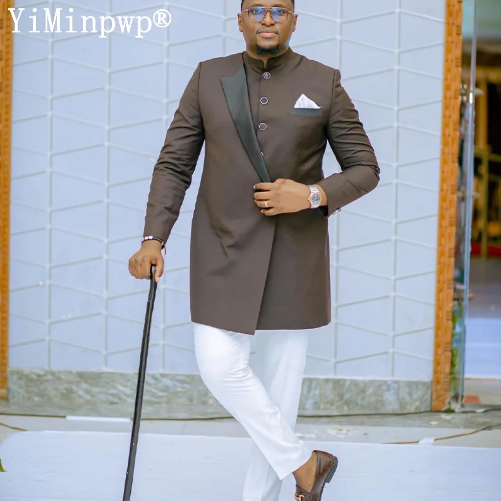 

Африканские свадебные костюмы для мужчин, 2 предмета, костюм с воротником-стойкой для свадьбы, мужское официальное платье, длинное пальто + брюки