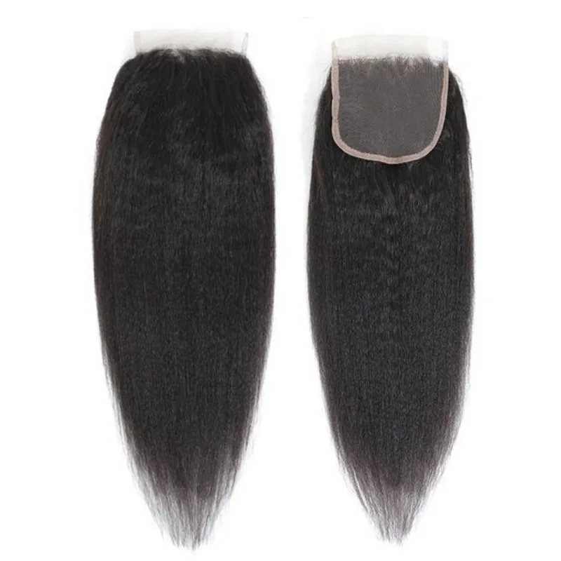 Human Hair 4x4 Kinky Straight Lace Closure 150% Density 10-20 Inch Full End Natural Color Pre-Plucked Raw Indian Hair