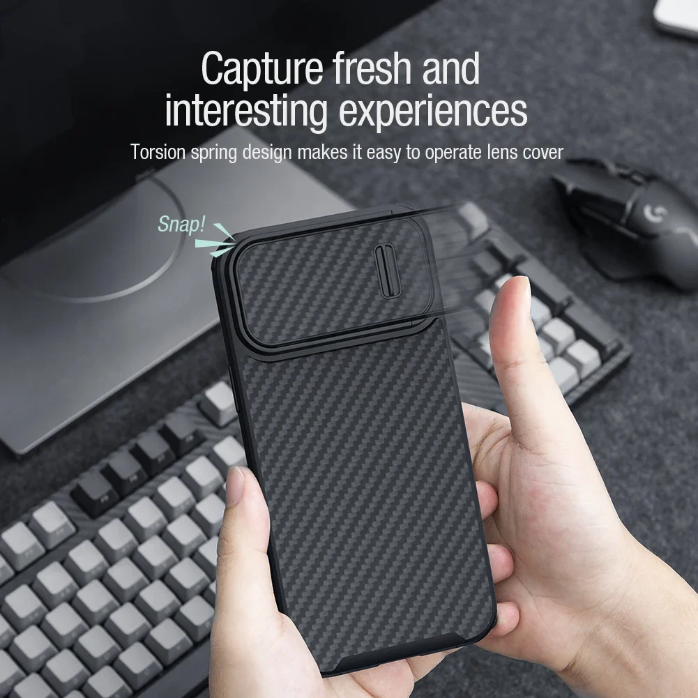 NILLKIN For iPhone 14 Pro Max Case Synthetic Carbon Fiber Case  For iPhone 14 Pro Slide Camera Spring Cover For iPhone 14 ProMax