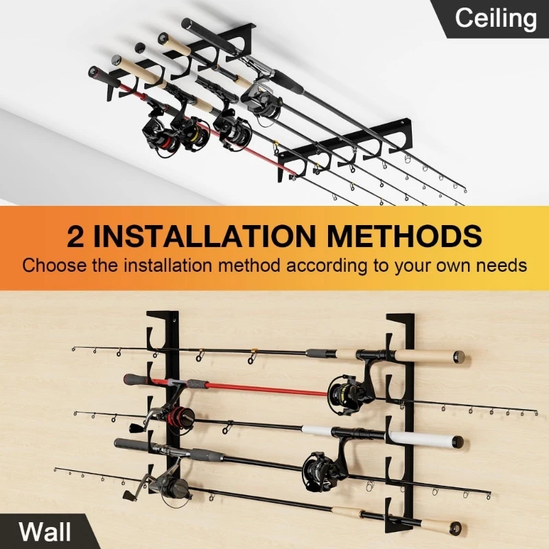 6-Rod Fishing Rod Holder Wall Ceiling Storage Rack Horizontal Rod Stand for Garage, Cabin, Basement Fishing Accessory