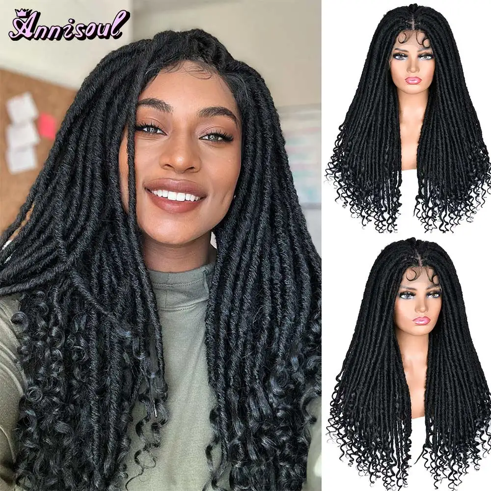 

Full Lace front Braided Wigs for Black Women Goddess Faux Locs Crochet Curly Ends Braid Wig with Baby Hair Short Dreadlock Wig