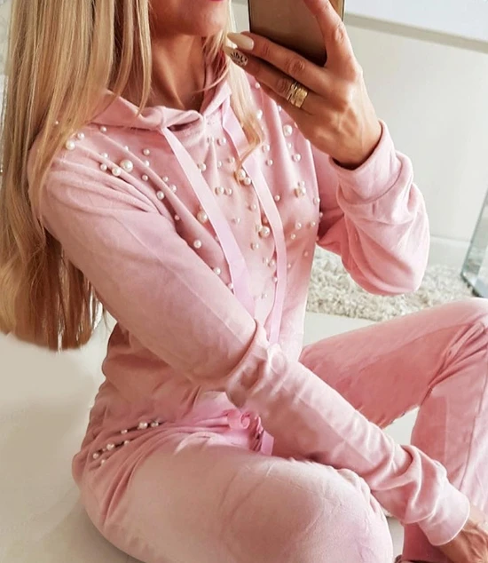 Fashion New 2024 Women Casual Two-Piece Outfits Beaded Decoration Drawstring Long Sleeved Hoodie Top and High Waisted Pants Set