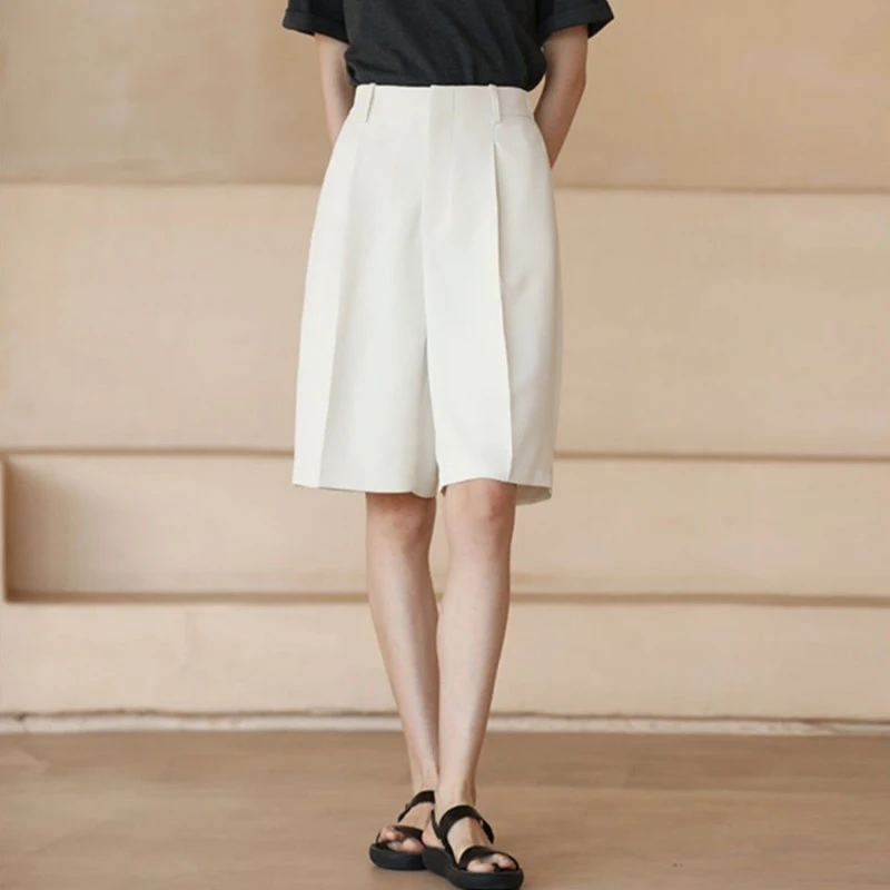 New Summer Women Elegant Fashion Straight Knee Length Short Pants Office Lady White Business Casual High Waist Loose Suit Shorts