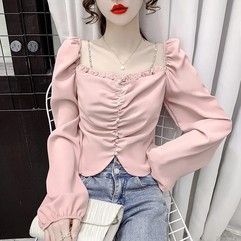 inman women blouse 2023 summer puff sleeve design hollow lace embroidered square collar loose shirts casual apricot blue tops Short Blouse Women 2024 New Spring and Autumn Office Lady Long Sleeve Square Collar Solid Color Korean Style Fashion Tops Female