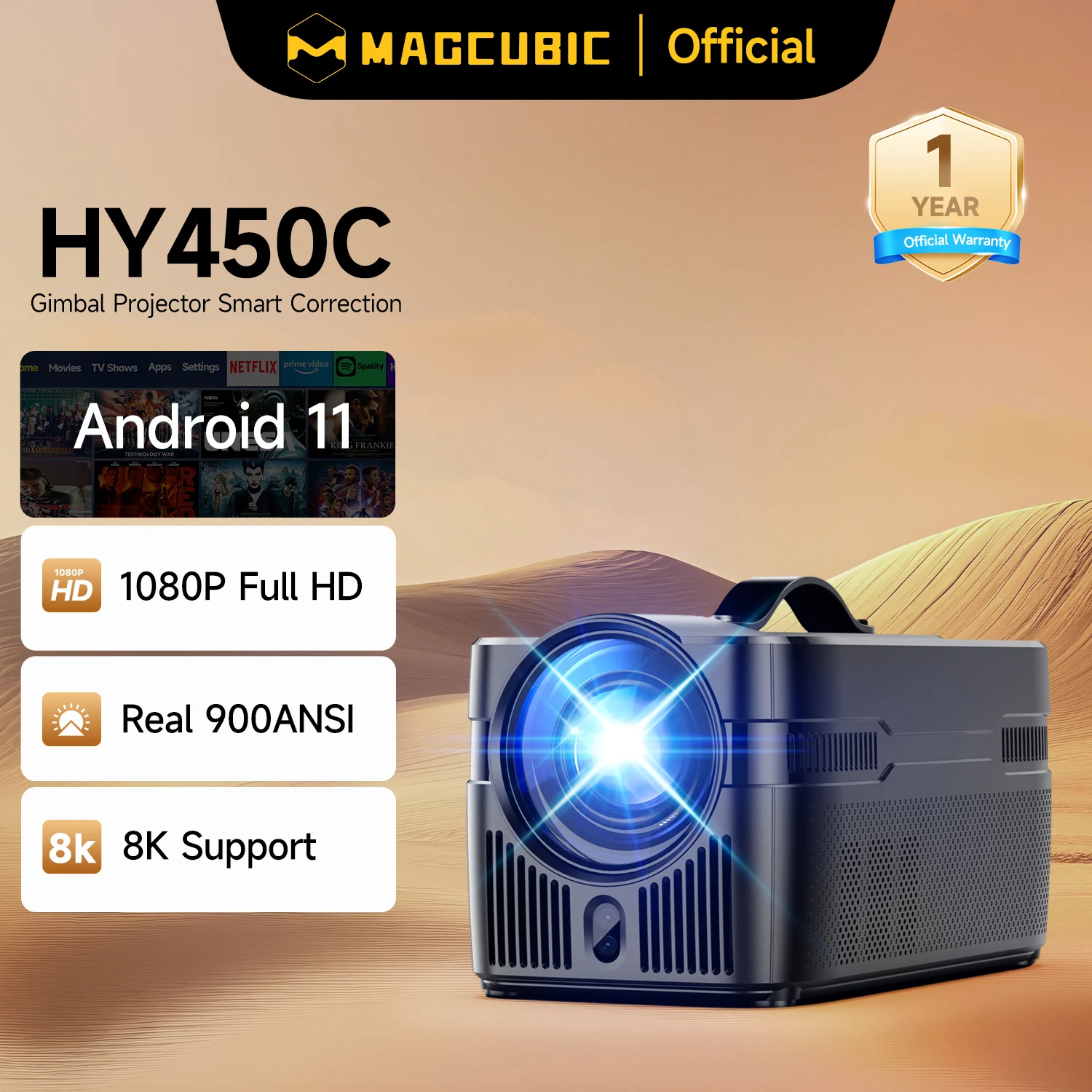 Portable Projector Mini Projector Video Projector Magcubic Real 900ANSI Ultra Short Throw Auto Focus Projector 1920*1080P 8K HD WiFi6 BT5.4 Allwinner H716 Voice Auto Offset HY450