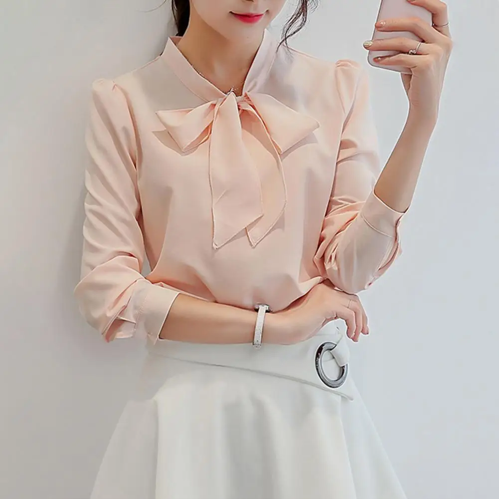 

Spring Autumn Shirt Tops Chic Lace-up Collar Chiffon Blouse Stylish Spring/summer Women's Workwear with Bowknot Detailing Long