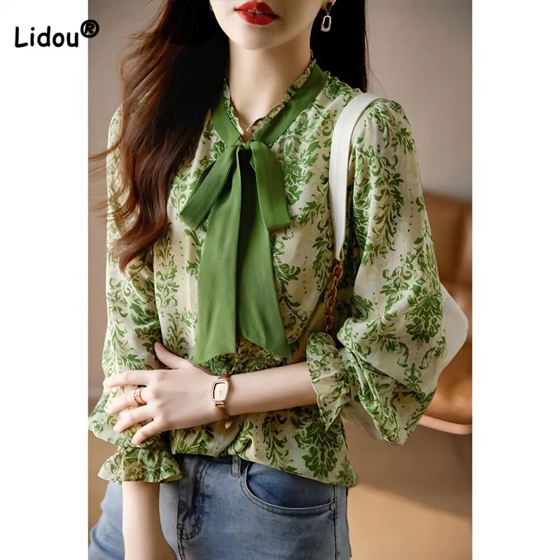 Office Lady Elegant Printed Button Shirt 2023 Spring Autumn Women's Clothing Long Sleeve Fashion Lace Up Scarf Collar Blouse