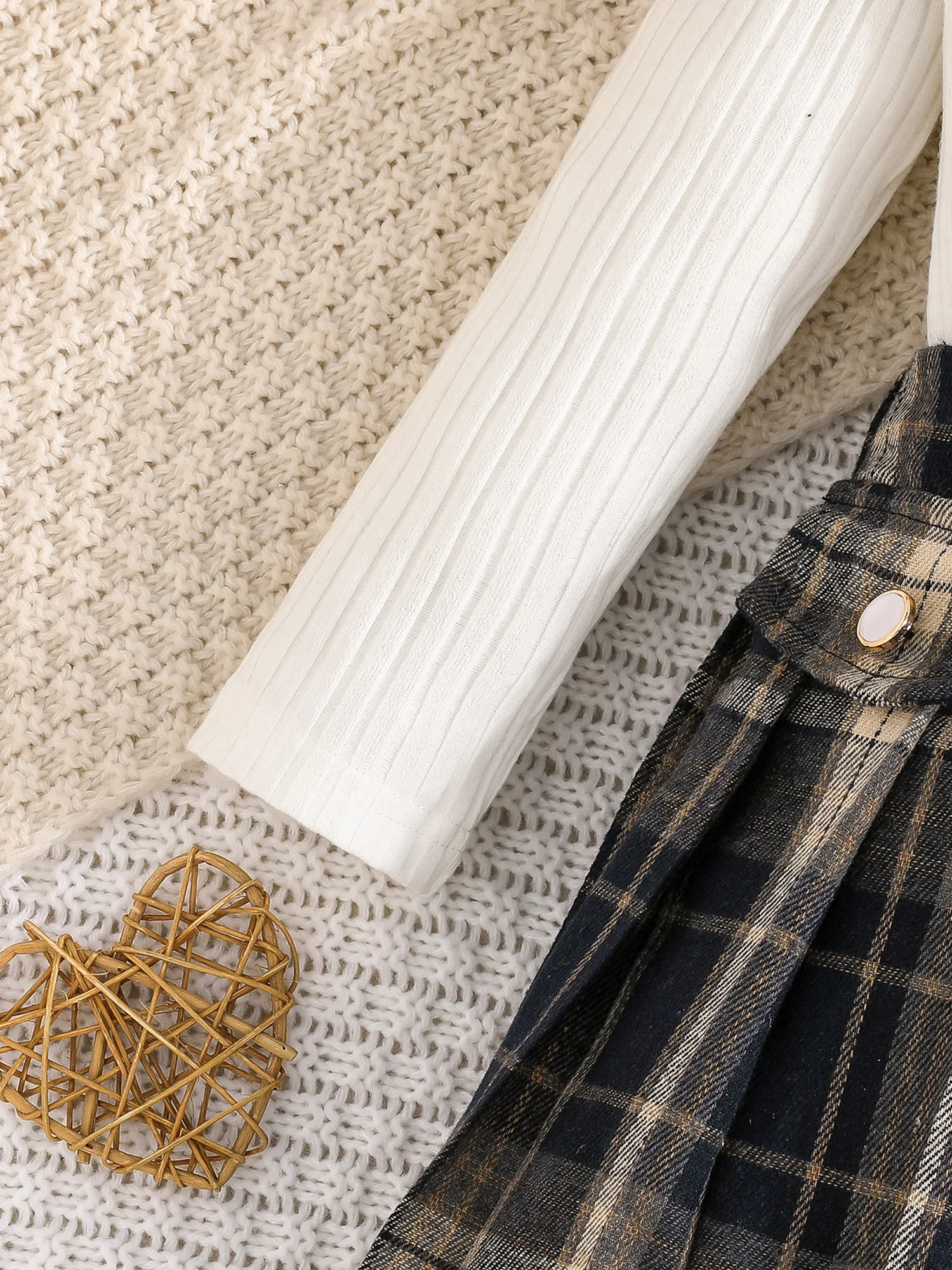 Stylish Toddler Girls 3-Piece Outfit featuring Ribbed Tops Plaid Skirt and Button Down Vest for a Fashionable Look