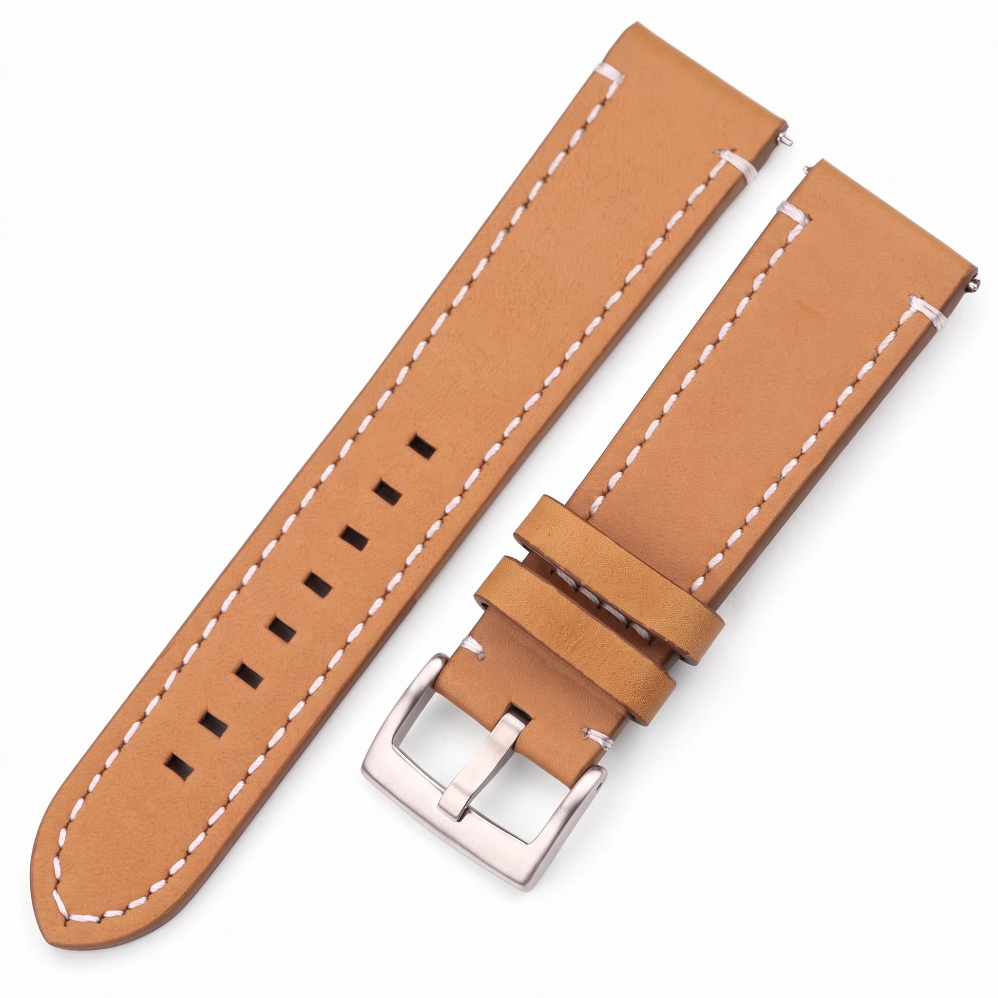 Vintage Dark Brown Leather Watch Band with White Stitching and Quick Release