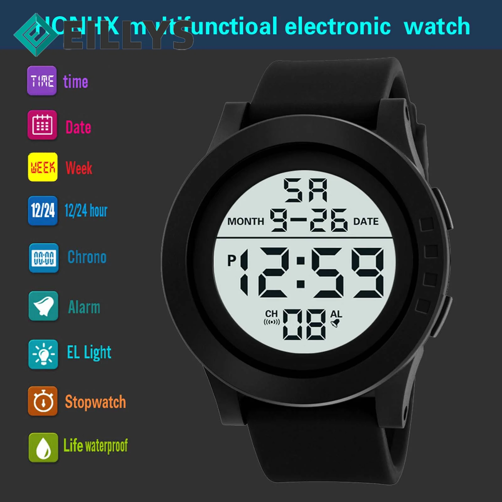 Eillysevens Men Digital Watch Led Display 50m 2024 Male Wristwatch Alarm Clock Sports Electronic Watches Relogio Masculino 4