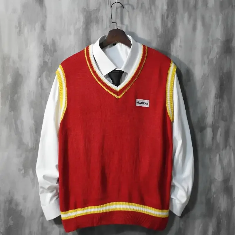 Description Picture 4 of itemBlack V Neck Waistcoat Vest Knit Sweater Male Red Men's Clothing Sleeveless Tops Designer Luxury Knitwears Pull Oversize Street