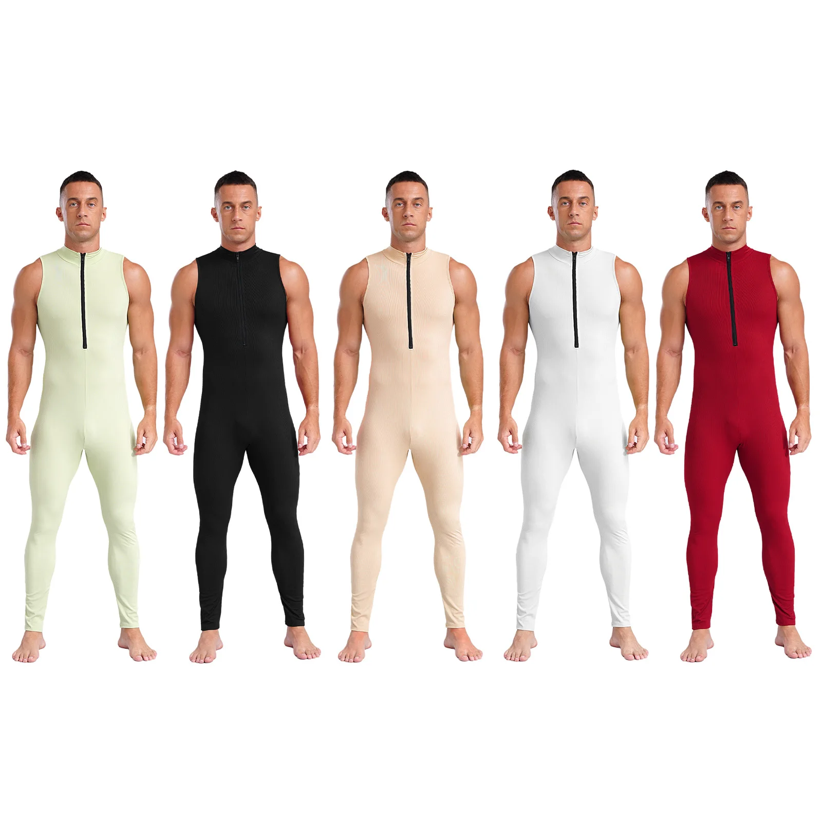 Mens Yoga Athletic Striped Bodysuit Rompers Stretchy Soft Wear Sleeveless Front Zipper Bodycon Jumpsuit for Bodybuilding Fitness 5