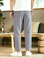 Pantalon décontracté pour homme en coton et lin, coupe droite, taille élastique avec cordon de serrage, respirant, léger, idéal pour l'été et la plage, avec poches 2