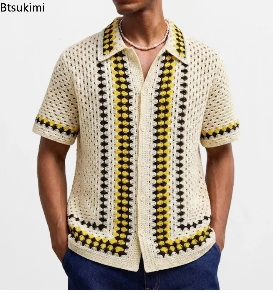 Nuove Polo da Uomo 2026 in Maglia Colorata a Quadri Stile Etnico, Cardigan Estivi Casual a Maniche Corte, Top Lavorati a Maglia da Uomo - immagine 3