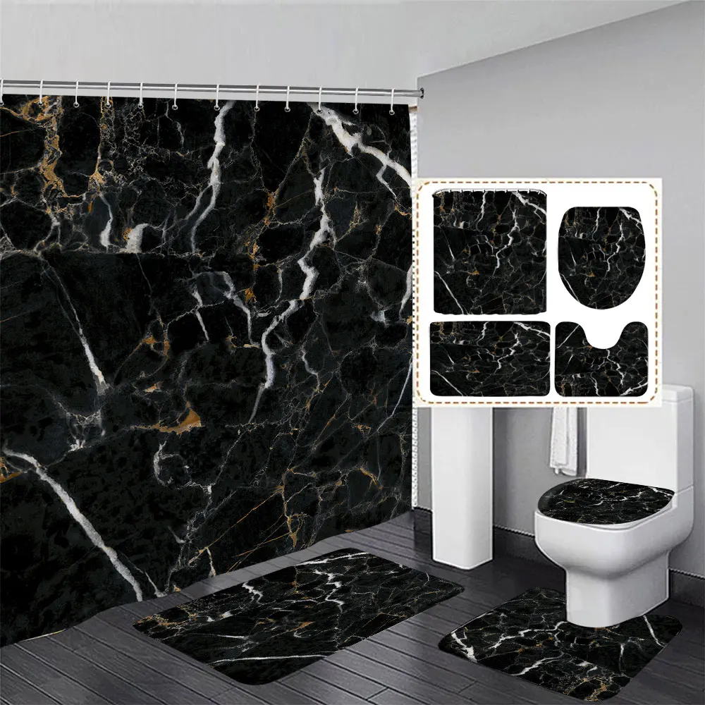 

Black Gold Marble Shower Curtain Set Non-Slip Shower Mat Abstract Cracked Ink Texture Carpet Toilet Seat Cover Bathroom Decor