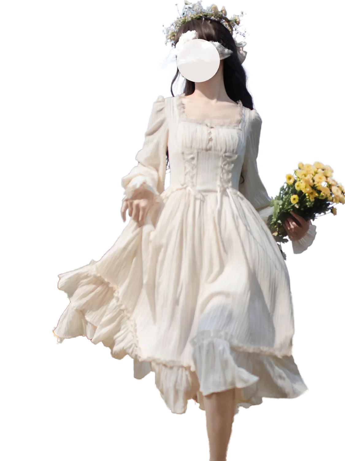 

French Square Neck Long Sleeve Dress Oil Painting Waist Seal Waist Slim Lolita Temperament Long Dress Bertis Style WomenClothing