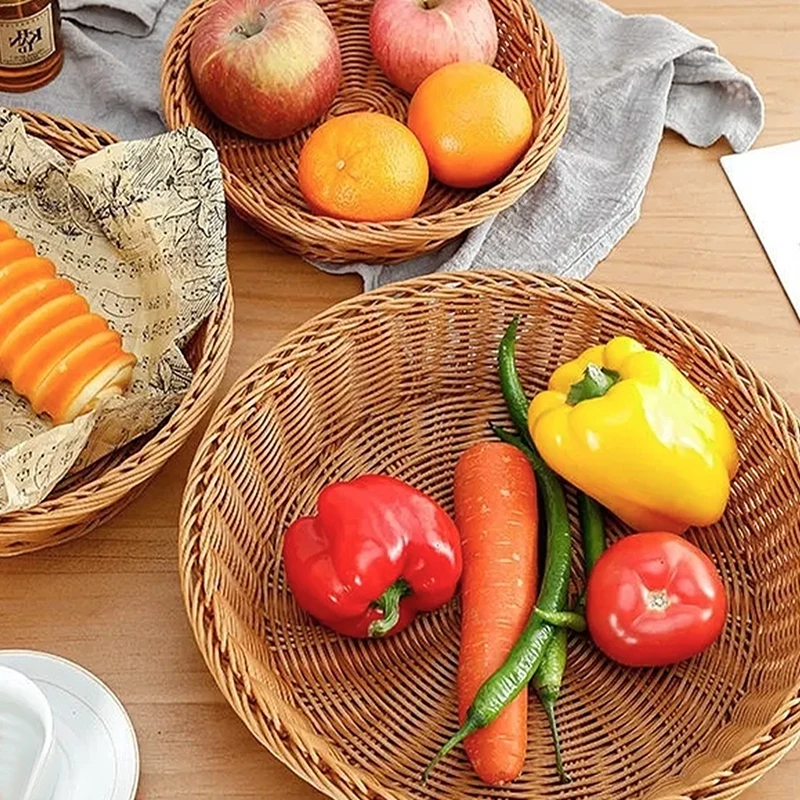 Handmade Rattan Woven Storage Trays Fruit Vegetables Bread Wicker Baskets Restaurant Serving Tabletop Display Storage Baskets 3