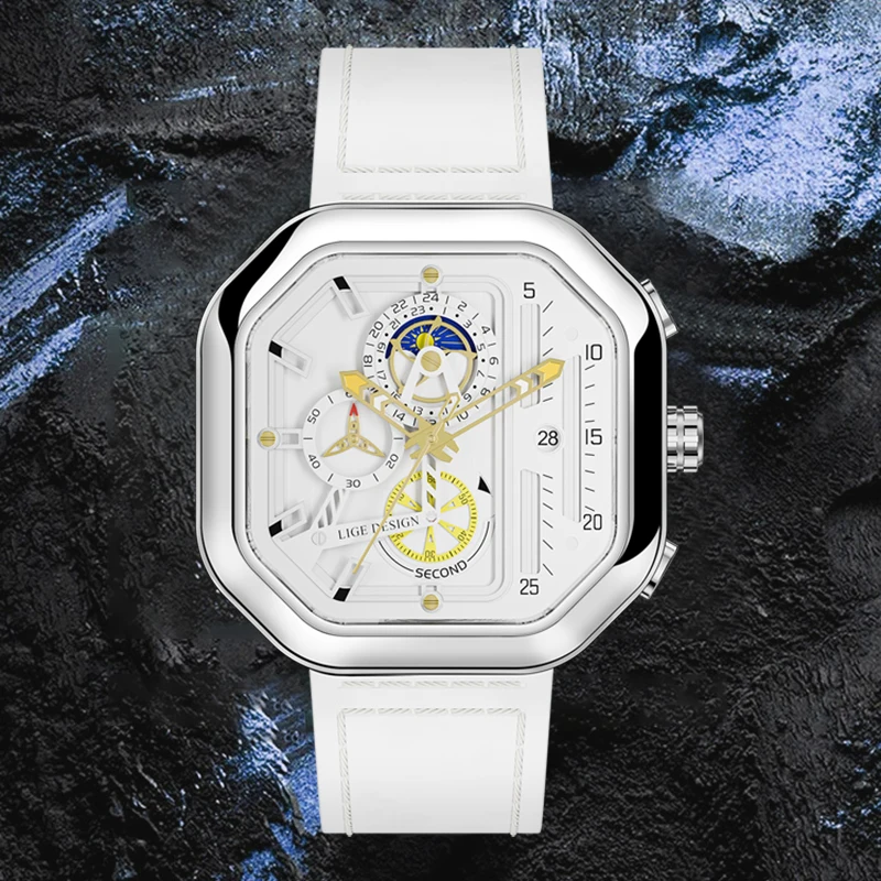 

New LIGE Mens Chronograph Sport Watch For Men Fashion Square Clock Top Brand Luxury Leather WristWatch Waterproof Quartz Watches