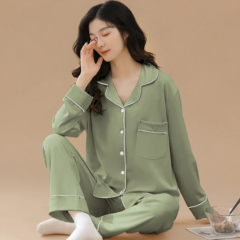 Women 2 Pieces Pajamas Sets 100% Cotton Pijama Print Female Pyjama Sleepwear Long Sleeve Shirt Pants Suit Homewear Loungewear