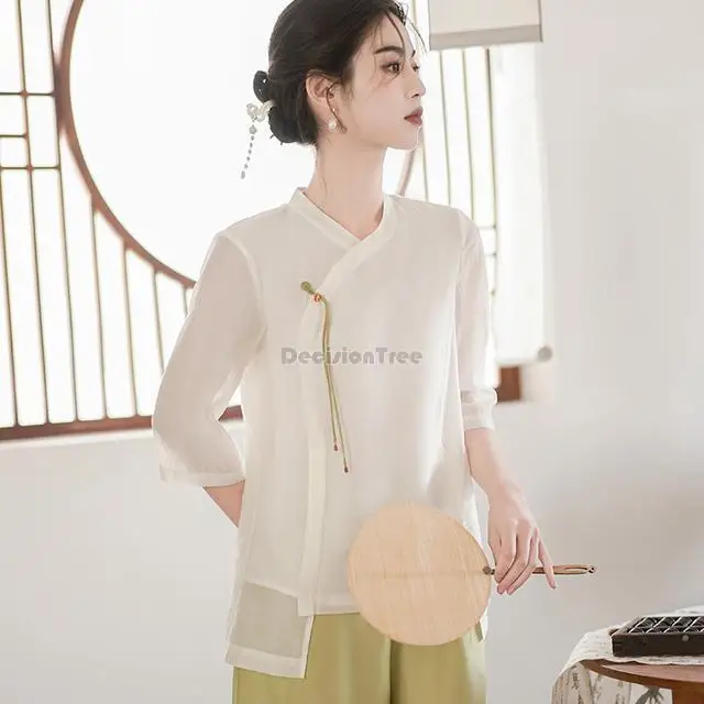 

2023 new chinese style tang suit retro zen tea set summer half sleeve shirt wide leg pants two-piece elegant chinese set s336