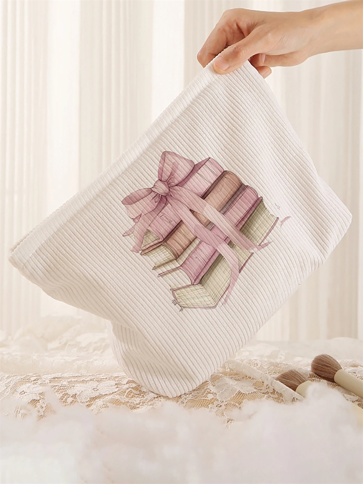 1pc book pattern printed corduroy makeup bag, lightweight zipper makeup storage box, multifunctional bag with lining