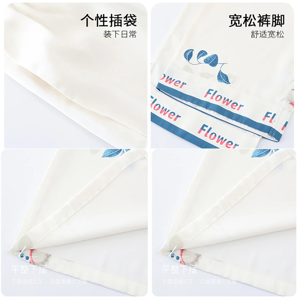 M-3XL Ice Silk Satin Sleepwear Summer Thin Breathable Cool Women's Pajamas High-quality Print Leisure Comfortable Trousers Sets