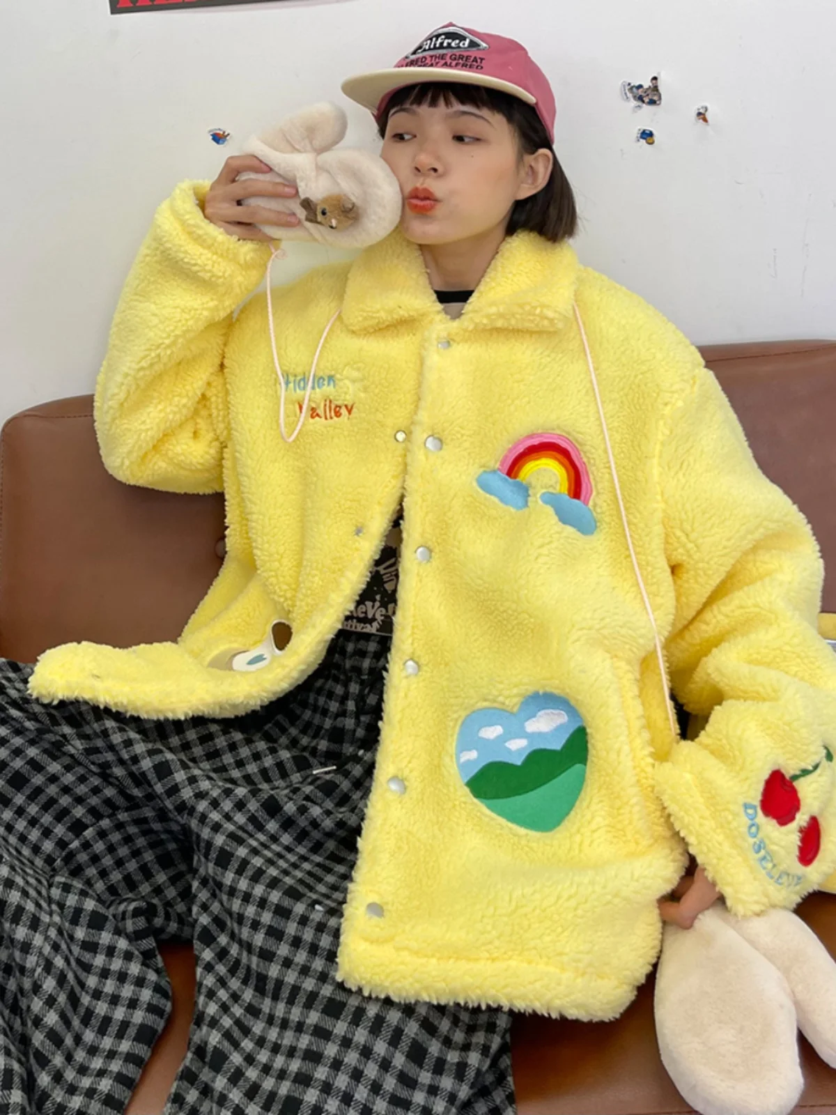 Lamb hair cartoon lapel cotton Coats for women 2023 winter new loose fitting bf Japanese vintage thickened Jackets