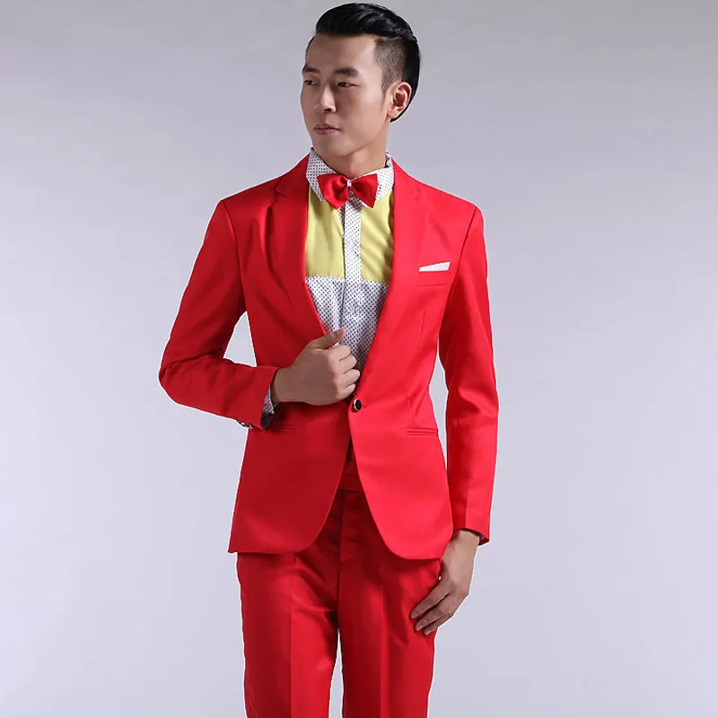 Mens Suit New Long-sleeved Men's Suits Pants Hosted Theatrical Tuxedos Wedding Prom Male Red Yellow Blue Formal Regular Clothes