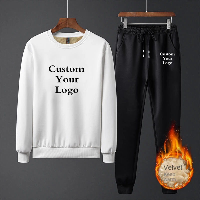 Spring Autumn Custom Logo Thick Warm Men's Tracksuit Sets 2 Piece Sweatshirt+Pants Casual Male Set Sportswear Sweat Suits