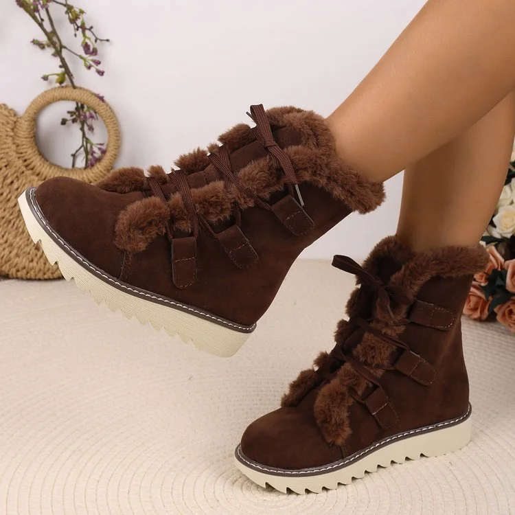Lace-up Front Soft-soled Cotton Boots Winter New Round Toe Suede Anti-slip Wear-resistant Short-thigh Boots