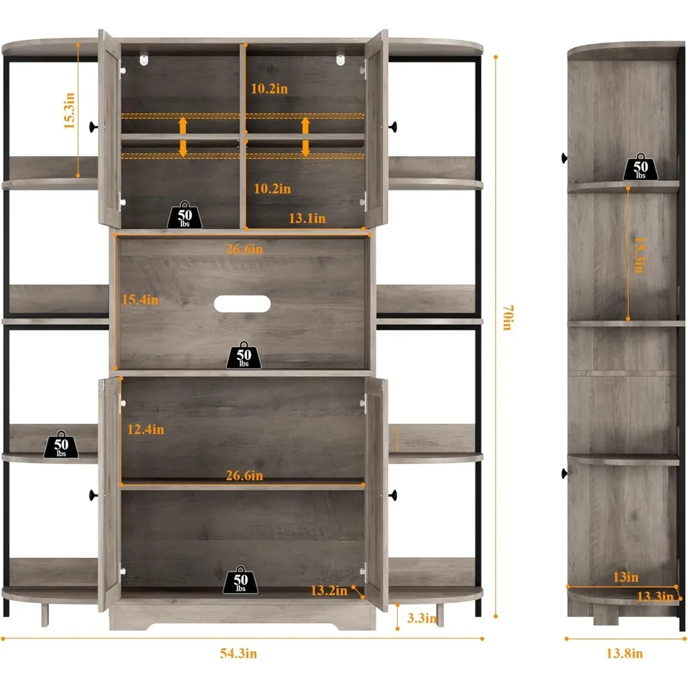 70" Kitchen Pantry Storage Cabinet,Tall Kitchen Hutch Cabinet with Microwave Stand,Industrial Pantry Cabinet with 8 Open Shelves 2