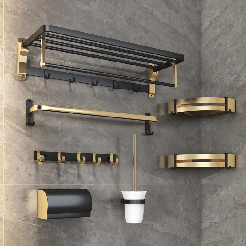 

Towel Rack Punching-free Luxury Black Gold Space Aluminium Bathroom Rack Folding Bath Towel Pole Bathroom Accesorios Hardware
