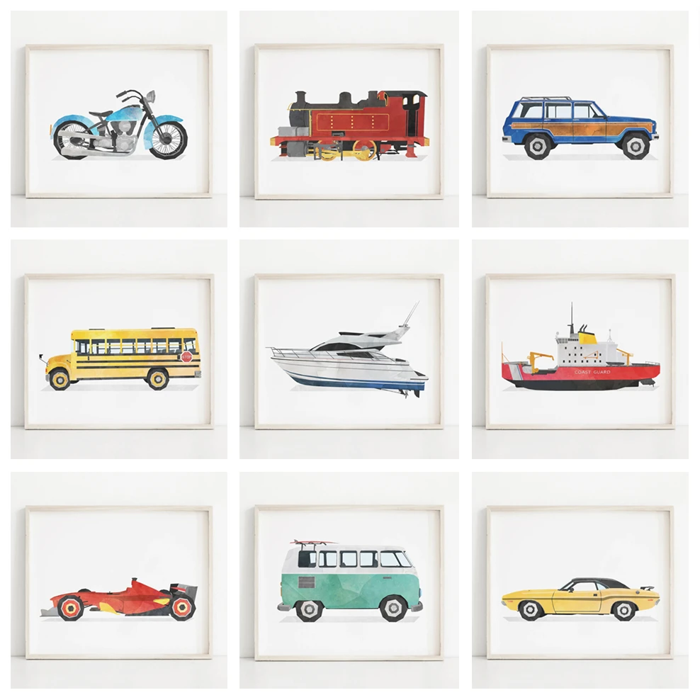 Car Vintage Train Moto Nursery Print Acquerello Poster Big Boy Poster Camera Da Letto Canvas Painting Art Home Wall Decor Picture