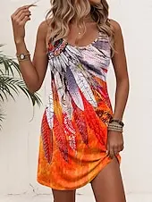 Women's Sleeveless Crew Neck Loose Mini Dress,Print, Yellow Blue Purple Orange, Casual Spring Summer Beach Vacation Daily Dress 1